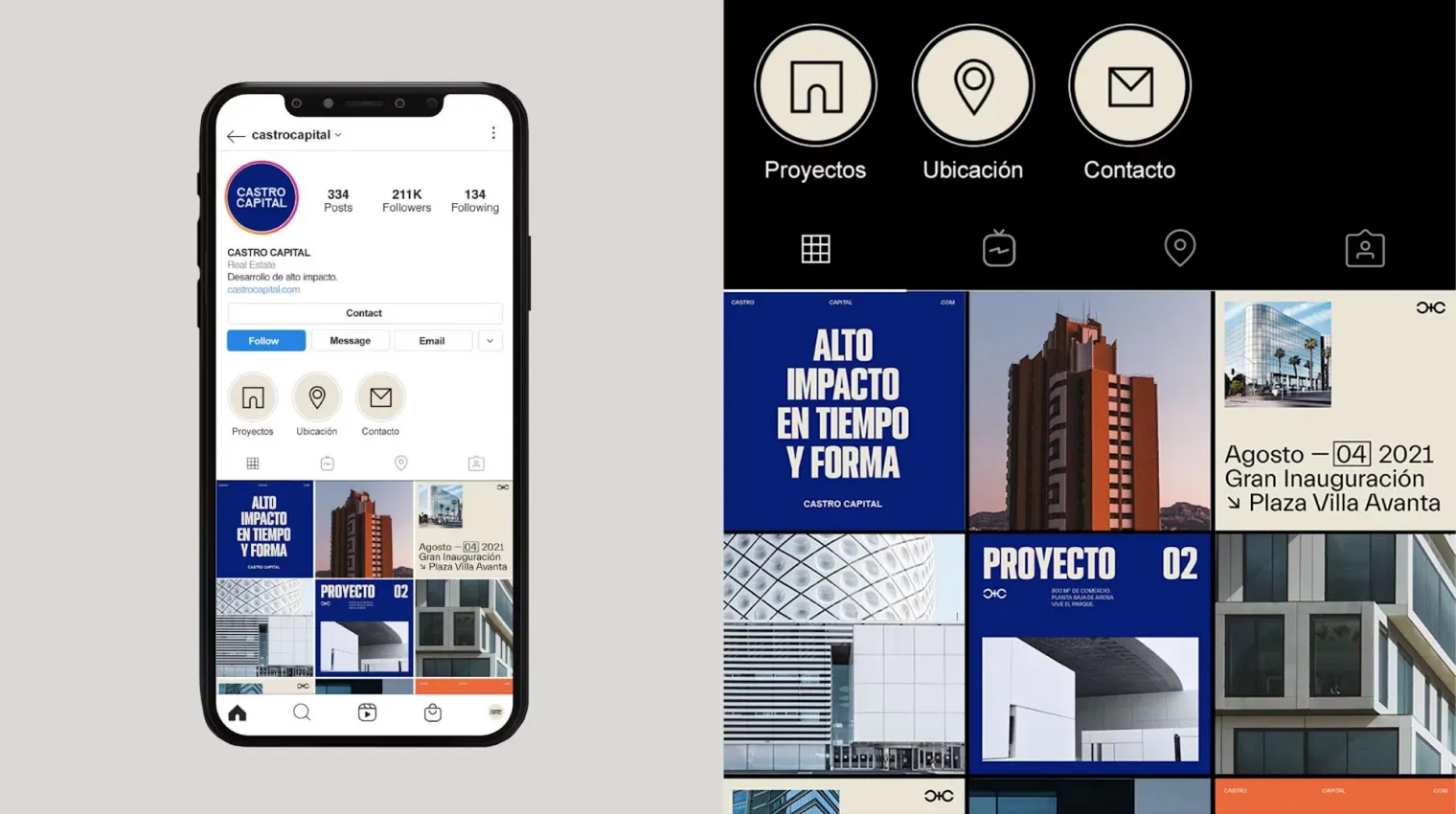 Smartphone displaying a real estate app with property listings and a project presentation on the side.