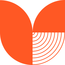 Abstract orange shape with curved and lined sections.